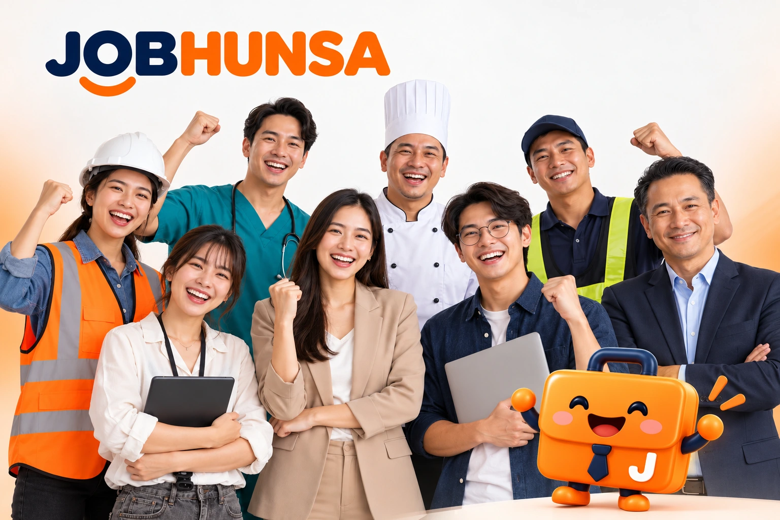 JOBHUNSA พร้อมมาสคอตกระเป๋าสีส้มและคนหลากหลายอาชีพร่วมฉลองโอกาสงานใหม่